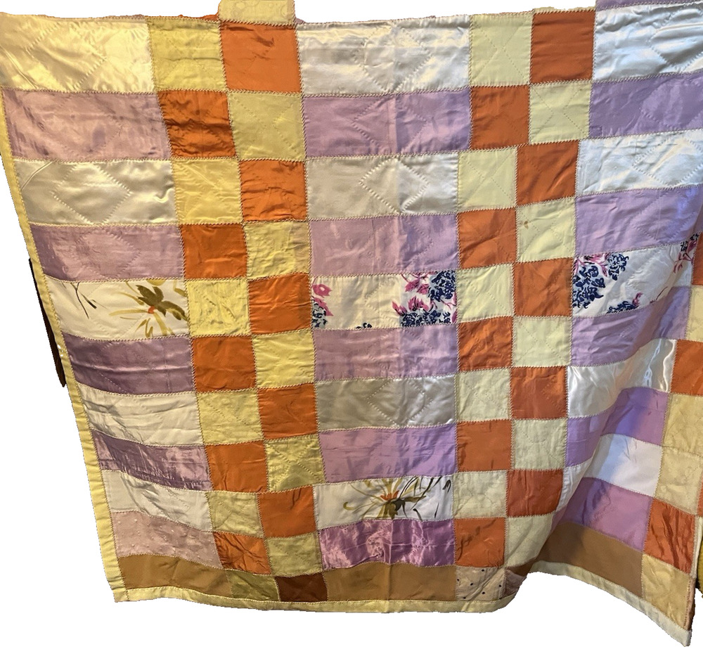 88x78" Satin C1940s Quilt Yellow Orange Lavender